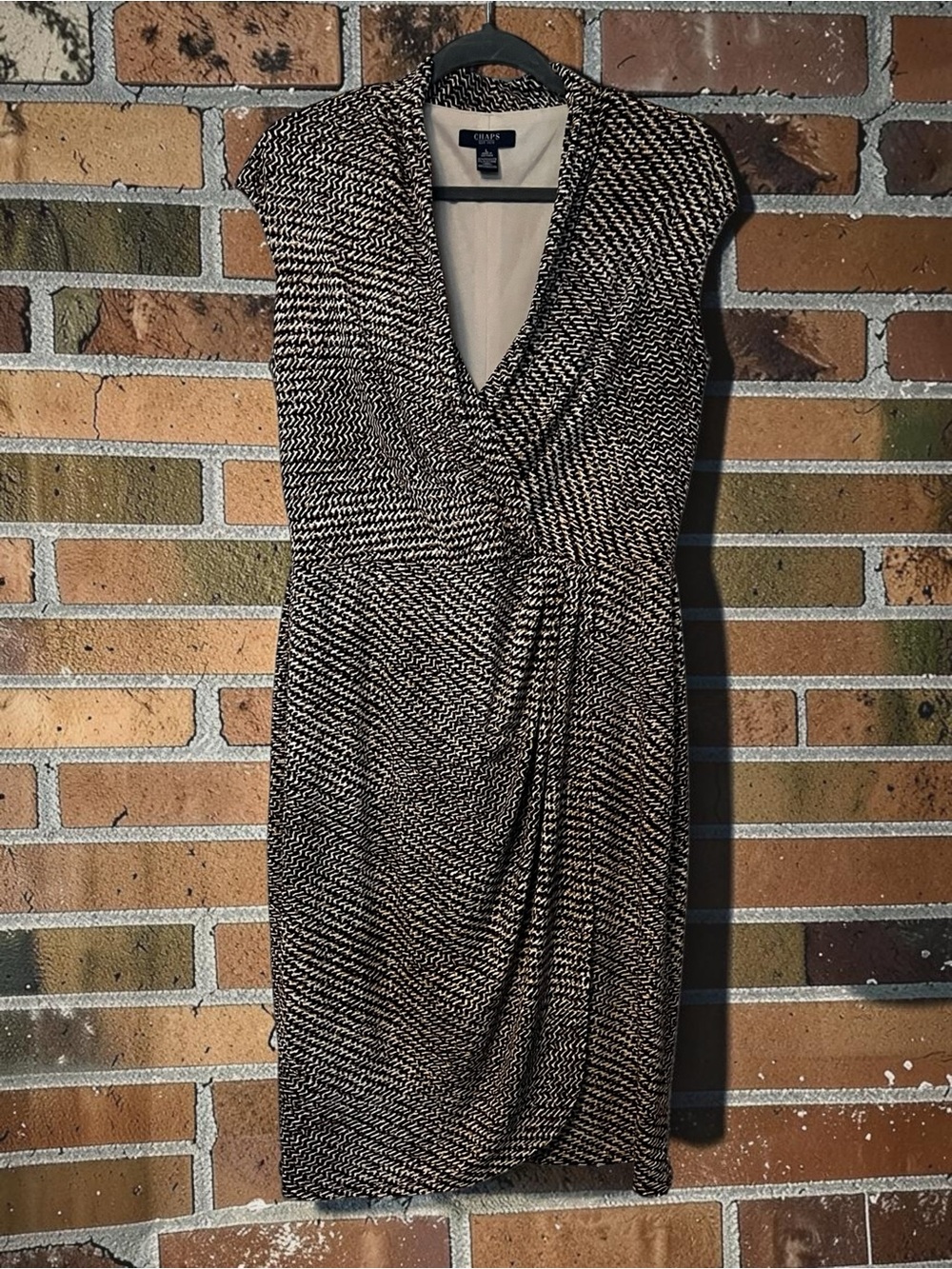 Chaps Black and Cream Faux-Wrap Midi Dress with Twist Detail